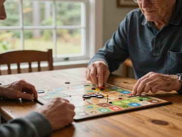 Caregiver and senior playing a board game at a wooden table, hands visible, natural light from a nearby window, cozy Maine home interior.