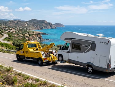 Soccorso stradale camper Olbia, caravan towing service North Sardinia, Wohnmobil Abschleppdienst.