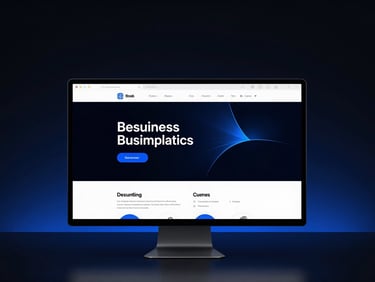 Sleek modern browser mockup showing a clean business landing page on an ultra-wide monitor, dark high-contrast background with subtle electric blue glow, minimal tech aesthetic