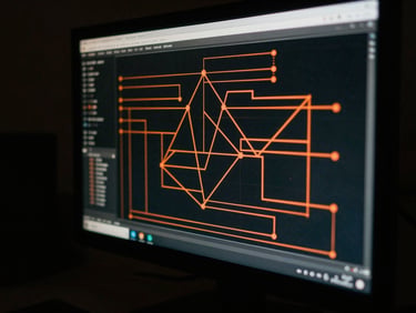 Close-up of a glowing monitor in a dark room displaying complex network wireframes, sharp rust-orange accents, deep shadows.