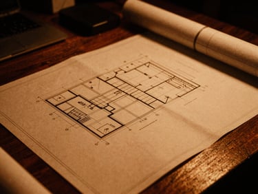 A low-key dramatic side-lit close-up of physical blueprints spread over a dark wooden desk, warm amber tones, 35mm film grain