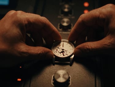 Close-up of hands adjusting a high-end mechanical dial on a dark control panel, warm amber light cutting through deep shadows.