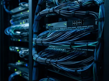 Macro detail shot of clean server rack cabling in cool blue and green ambient studio lighting, sharp focus, 35mm