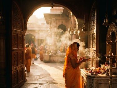 Warm golden-hour sunlight streaming through the arched wooden doors of a traditional Vedic temple, soft incense smoke rising in the air, shallow depth of field, 35mm photography