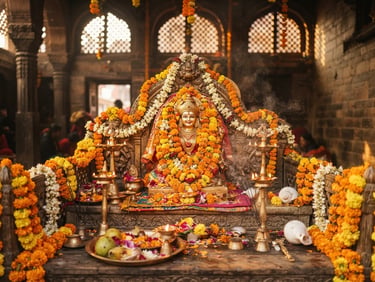 Warm editorial photography of a beautifully adorned temple altar with fresh marigold garlands, soft golden-hour light filtering through high windows, shallow depth of field.