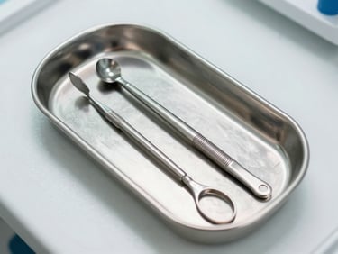 Close-up overhead shot of a clean aesthetic clinic treatment room, stainless instrument tray and bright clinical lighting, no people present