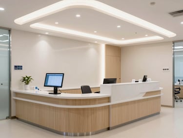 Wide shot of a modern dental clinic reception desk with bright overhead lighting, appointment screen visible in foreground, no staff or patients