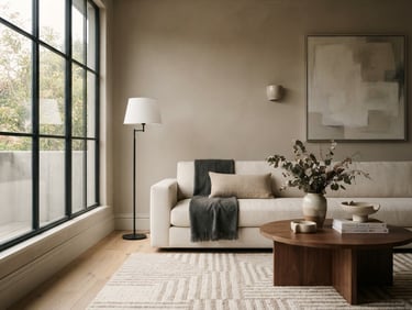 Elegant interior detail of a modern living room with soft natural window light, warm taupe and cream tones, architectural straight-on lines, 35mm lens