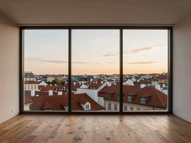 High-end penthouse interior, panoramic view of Prague rooftops, sunset light, wooden floor, minimalist design.
