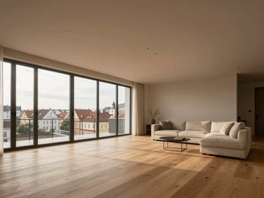 Bespoke luxury penthouse interior in Prague Bubenec, spacious living room with high ceilings, minimalist design, oak wooden floor, warm afternoon light through French windows