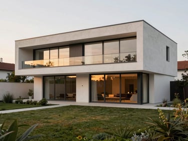 Elegant modern functionalist villa in Prague Troja, clean white concrete lines, large glass windows, sunset warm light reflecting, green manicured garden, editorial architectural photography