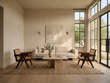 Straight-on architectural shot of a minimalist living room, warm afternoon light streaming through high windows, soft beige plaster walls, elegant modern furniture.