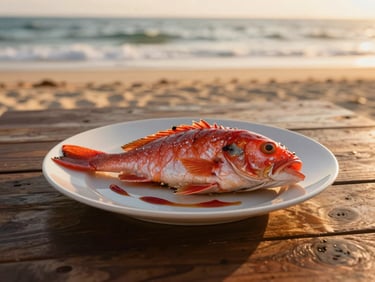 Artfully plated fresh red snapper dish on a rustic wooden table on the beach, golden-hour natural light, 35mm