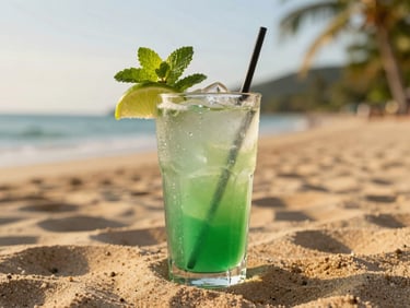 Hand-shaken rum cocktail sweating in the tropical heat, fresh mint and lime garnish, sandy beach background, shallow depth of field
