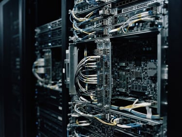 Extreme macro-detail of high-end physical data server architecture, sharp high-contrast architectural lighting, deep shadows, desaturated cool tones, medium format film.