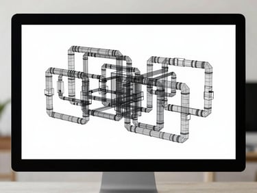 Abstract geometric wireframe representing data pipelines on a sleek monitor, bright neutral daylight, high-contrast.