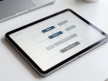 Close-up of a modern workspace with a clean tablet showing pipeline automation flowcharts, cool undertones, sharp 35mm.