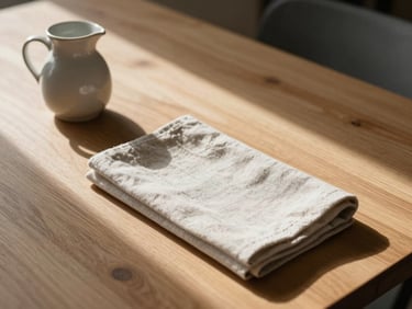 Close-up overhead shot of an empty dining room table set for service — linen napkin folded, a small ceramic jug, natural window light raking across the wooden surface, soft shadows, Scandinavian calm