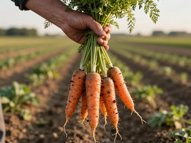 Farmer's hands holding a bundle of freshly pulled carrots with soil still on the roots, late afternoon sunlight, out-of-focus field rows behind, close-up textural framing, documentary warmth