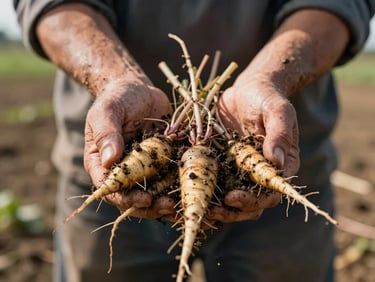 Close-up of a farmer's hands holding a cluster of freshly pulled root vegetables — soil still visible on the roots, late-morning field light, shallow depth of field, earthy textures foregrounded