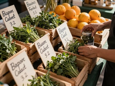Overhead flat-lay of a food market stall display — small wooden crates of herbs and citrus, handwritten price cards, a vendor's hand adjusting a jar, warm morning light, abundant texture and colour