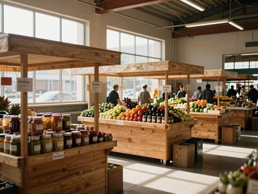 Wide environmental shot of an indoor food market at opening time, wooden vendor stalls with jars and produce arranged in rows, natural light streaming through high windows, no people in frame, warm and unhurried atmosphere