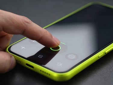Extreme close-up of a thumb effortlessly tapping a bottom-aligned control on a modern Android phone, high-contrast studio lighting with electric lime rim light reflecting on screen glass.