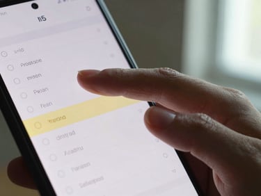 Close-up of fingers swiping through a clean list interface on an Android device, soft window light from the right, single accent-colored row highlighted mid-swipe, calm studio atmosphere