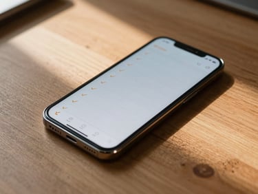 Android phone resting on a wooden desk, screen showing a minimal habit grid with small amber checkmarks, natural morning light raking across the desk surface, shallow focus on the screen detail