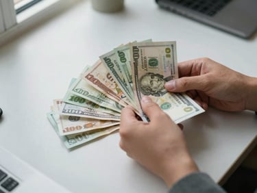 Hands counting mixed-currency banknotes on a plain office desk, overhead flat-lay angle, soft natural window light, no faces, documentary close-up