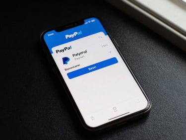 Overhead flat-lay of a smartphone screen showing a PayPal balance summary, natural soft window light, dark surface beneath, no hands, documentary close-up