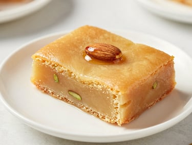 Sharp 45-degree angle shot of sliced golden basbousa cake on a clean ceramic plate, topped with a single toasted almond, warm honey tones, shallow depth of field.