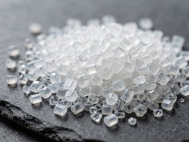 Macro shot of clean low-density polyethylene granules, shallow depth of field, high-contrast shadows