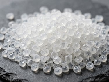 Macro shot of uniform translucent white polypropylene granules, industrial lighting, sharp focus