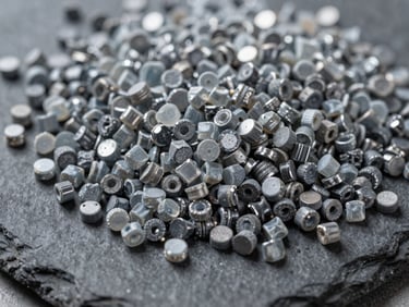 Macro shot of high-density polyethylene lumps and granules, cool daylight, metallic tones