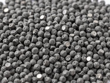 Industrial macro photography of uniform gray polymer granules, cool daylight, high-contrast slate tones, sharp focus.
