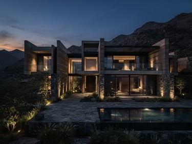 Wide environmental shot of a minimalist luxury villa facade in Saudi Arabia at dusk, dramatic shadows, sharp architectural lines, 35mm lens