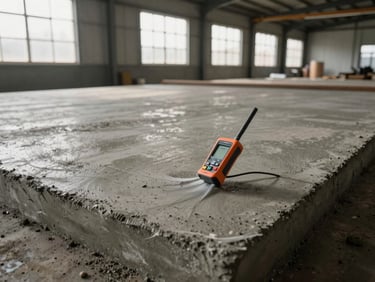 Wide-angle shot of a concrete slab being prepped in a commercial warehouse bay, moisture meter probe resting on the raw concrete surface, warm overcast daylight through high windows, no workers visible — just tools and substrate
