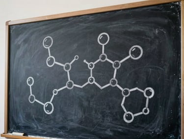 Molecular structures hand-drawn on a dark chalkboard, soft library lighting, clean academic setting