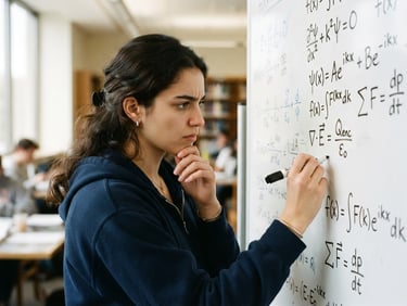 A close-up of a student in deep concentration, analyzing a complex physics derivation on a clean classroom whiteboard under bright natural library light, 35mm photography