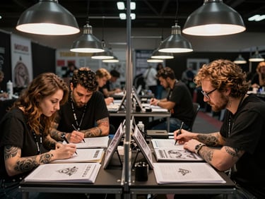 Wide environmental shot of tattoo convention floor from a maker's perspective — two artists at adjacent stations consulting with clients under warm tungsten overhead lights, portfolios open, no crowd noise, focused workspace atmosphere