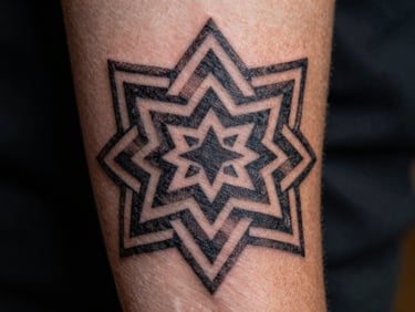 Extreme close-up of a completed geometric blackwork tattoo on forearm, sharp linework under warm tungsten studio light, skin texture visible, high contrast shadows emphasising the precision of each line