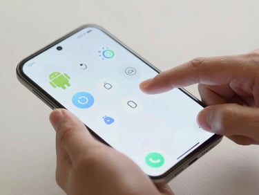 Macro 35mm photograph of hands interacting with an Android screen, showing fluid tactile widget animations under soft side-lighting with realistic screen glows.