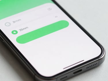 Tight macro of a physical phone screen displaying a clean settings interface with electric green accents, 35mm lens