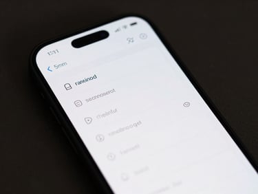 Close-up of a mobile screen showing a clean, typographic launcher layout on a dark background, soft screen glow, 35mm lens