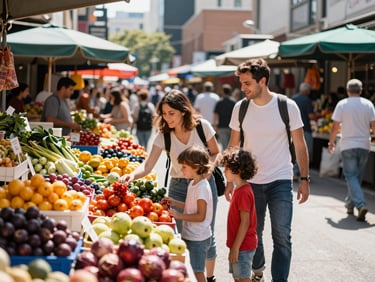 Happy family with children exploring a vibrant market in a bustling city, bright natural daylight, medium shot