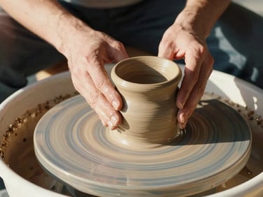 Hands gently shaping a terracotta clay pot on a potter's wheel, soft natural light, close-up, 35mm film.