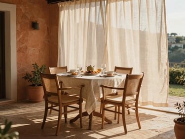 A private stone terrace with a beautifully set breakfast table, linen curtains blowing in the soft morning breeze, warm golden light