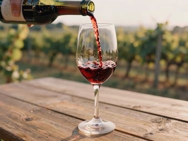 Close-up of red wine being poured into a delicate glass on a rustic wooden table, soft vineyard background, golden hour, 35mm film.