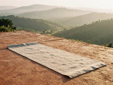 A soft linen yoga mat spread on a warm terracotta terrace overlooking misty hills at sunrise, quiet peaceful atmosphere, 35mm film.